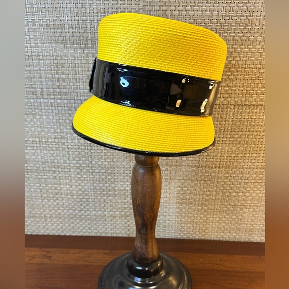 ?HP?VTG 1990s Tim Crawford Original Yellow Straw Cloche Hat Black Patent Band main image 8